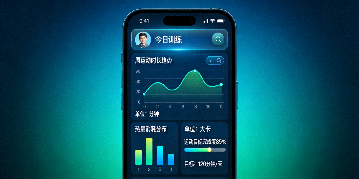 数据图表与手机APP界面叠加，展示个性化健身数据分析